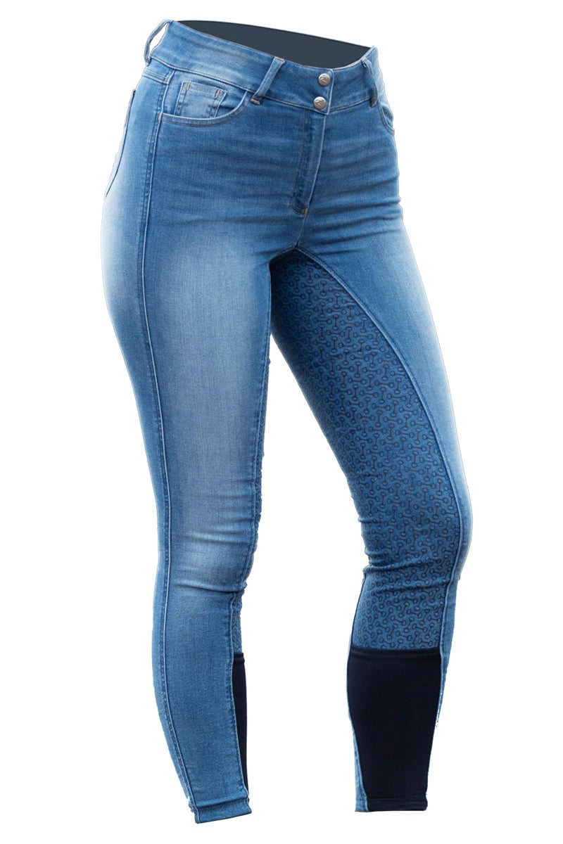 HORZE Kaia Womens Denim Horse Riding Pants | High Waist Silicone Full Seat Breeches - Lead Blue - 32 - Image 1